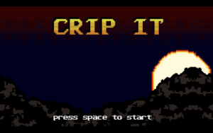 Interface du jeu vidéo CRIP IT en jaune ciel bleu et rouge horizon en fumée et montagne soleil brûlant en train de se coucher le out dans un style des premiers jeux vidéo. Press space to start.