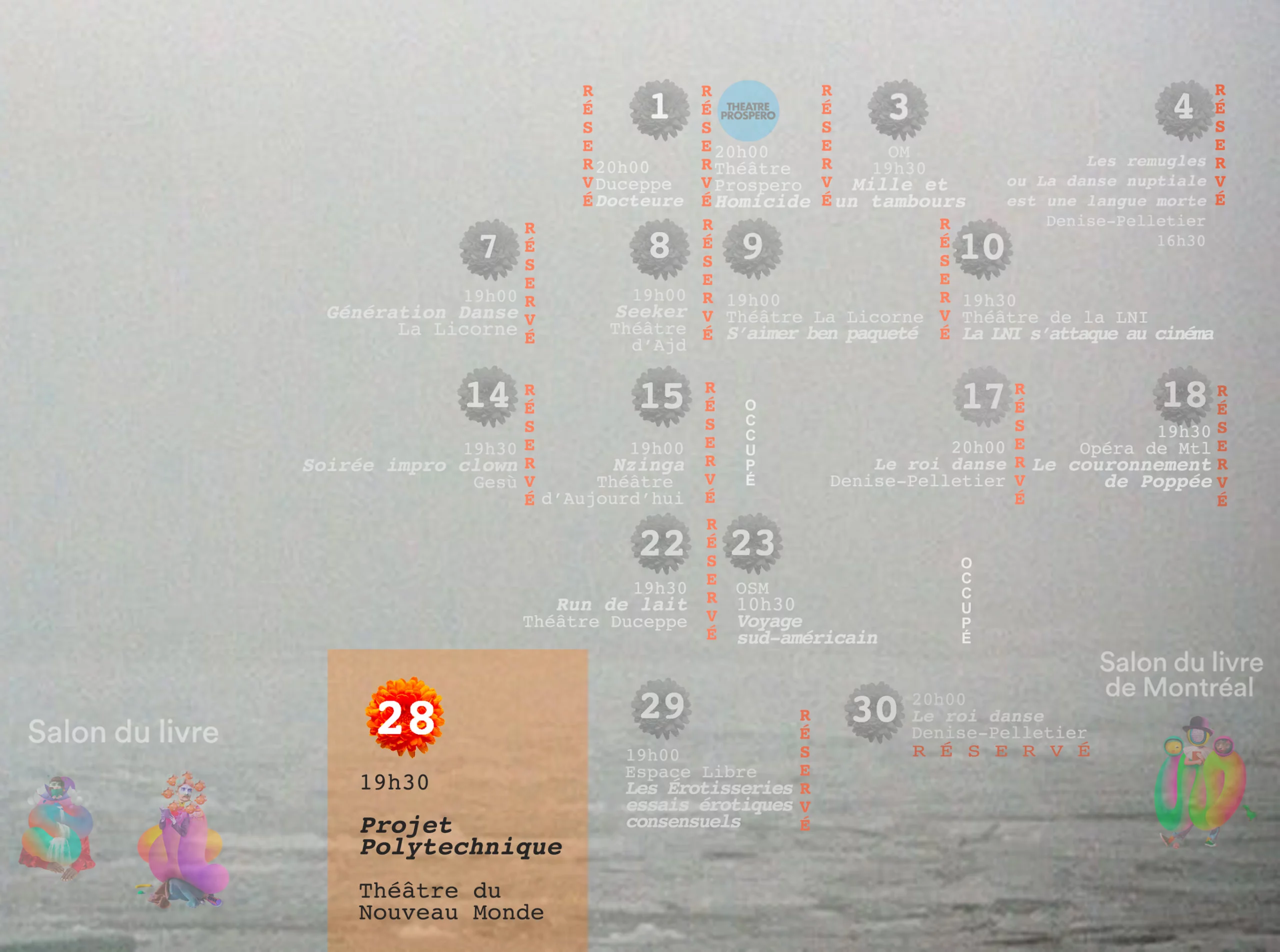 Calendrier culturel d'Alex de Novembre à jour ! 1 nov. RÉSERVÉ 2 nov. RÉSERVÉ 3 nov. RÉSERVÉ 4 nov. RÉSERVÉ 7 nov. RÉSERVÉ 8 nov. RÉSERVÉ 9 nov. RÉSERVÉ 10 nov. RÉSERVÉ 14 nov. RÉSERVÉ 15 nov. RÉSERVÉ 16 nov. OCCUPÉ 17 nov. RÉSERVÉ 18 nov. RÉSERVÉ 22 nov. RÉSERVÉ 23 nov. RÉSERVÉ 24 nov. OCCUPÉ 25 au 27 nov. - Salon du livre de Montréal 28 nov. Projet Polytechnique 29 nov. RÉSERVÉ 30 nov. RÉSERVÉ