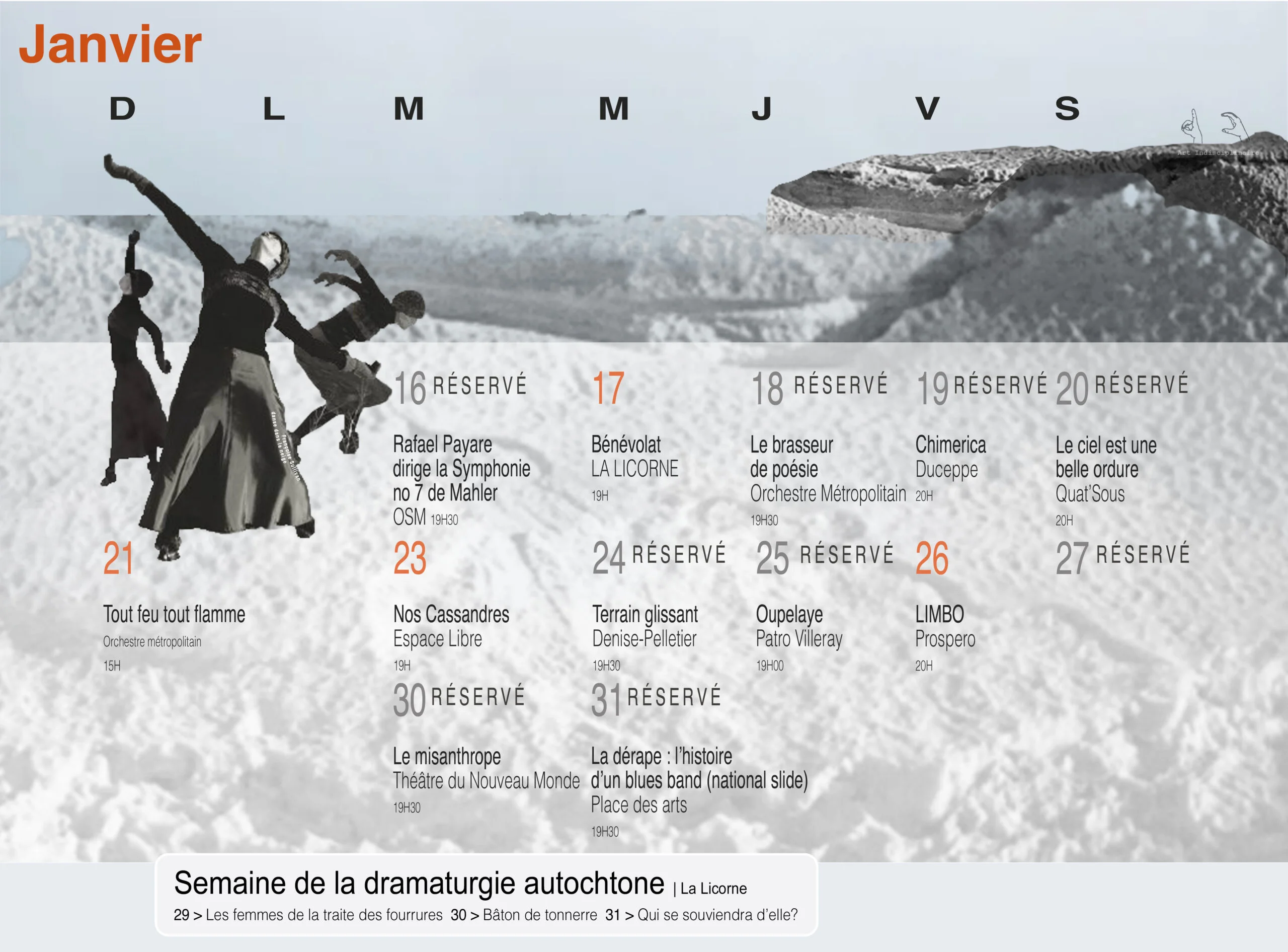 Calendrier culturel d'Alexandre Vallerand thématique Françoise Sullivan danse dans la neige.