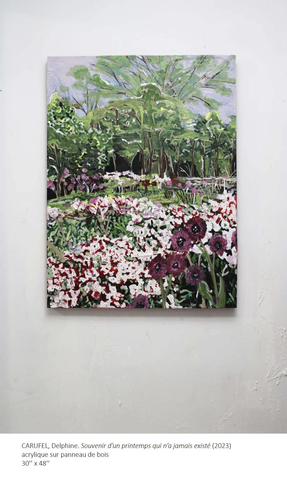 Peinture d'un champ de fleurs bourgogne, blanche et de la verdure