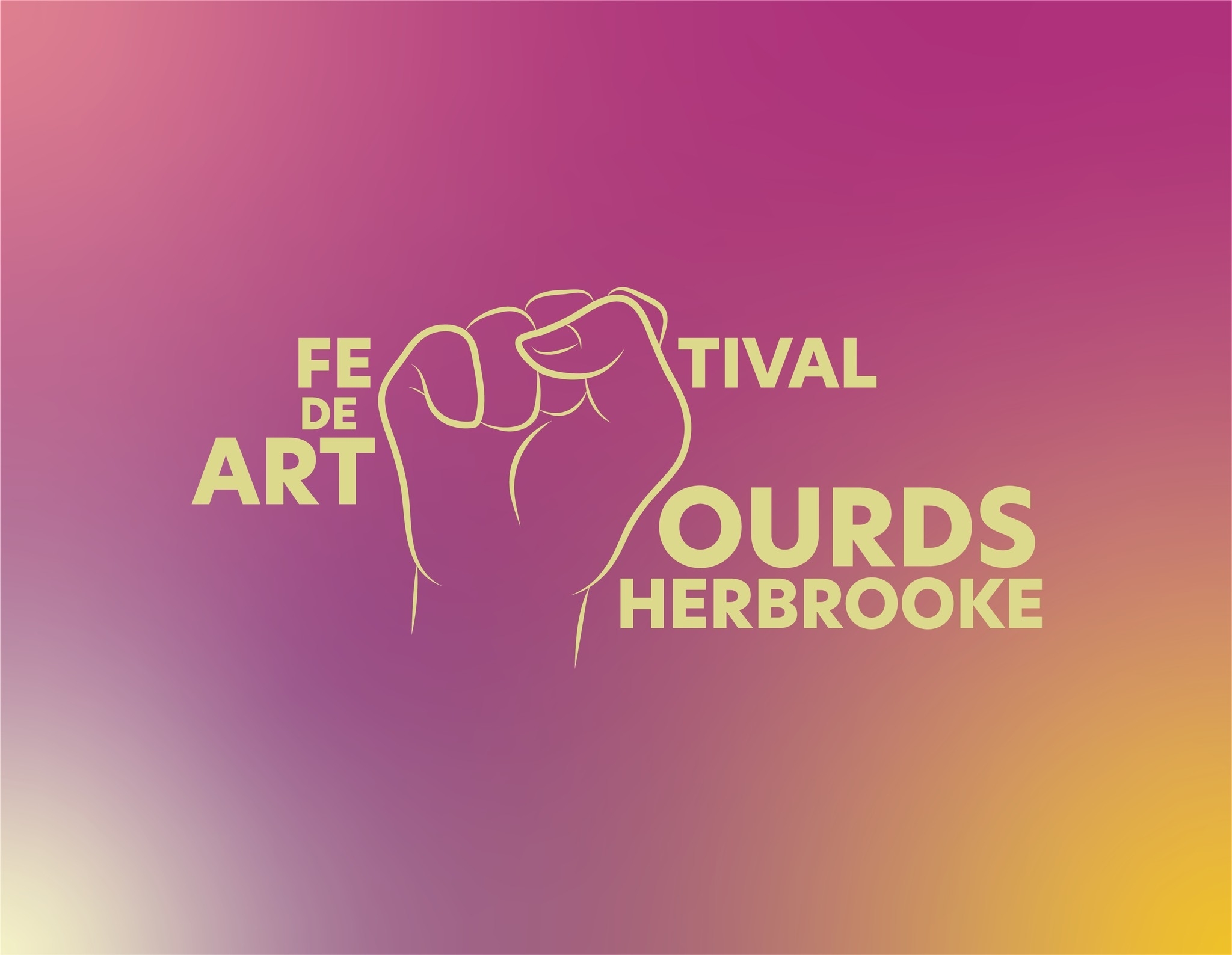 Affiche rose dégradée mauve et jaune écrit en jaune FESTIVAL DES ARTS SOURDS SHERBROOK au centre du texte un poing fermé signifiant la lettre S en LSQ remplace tous les S du texte.